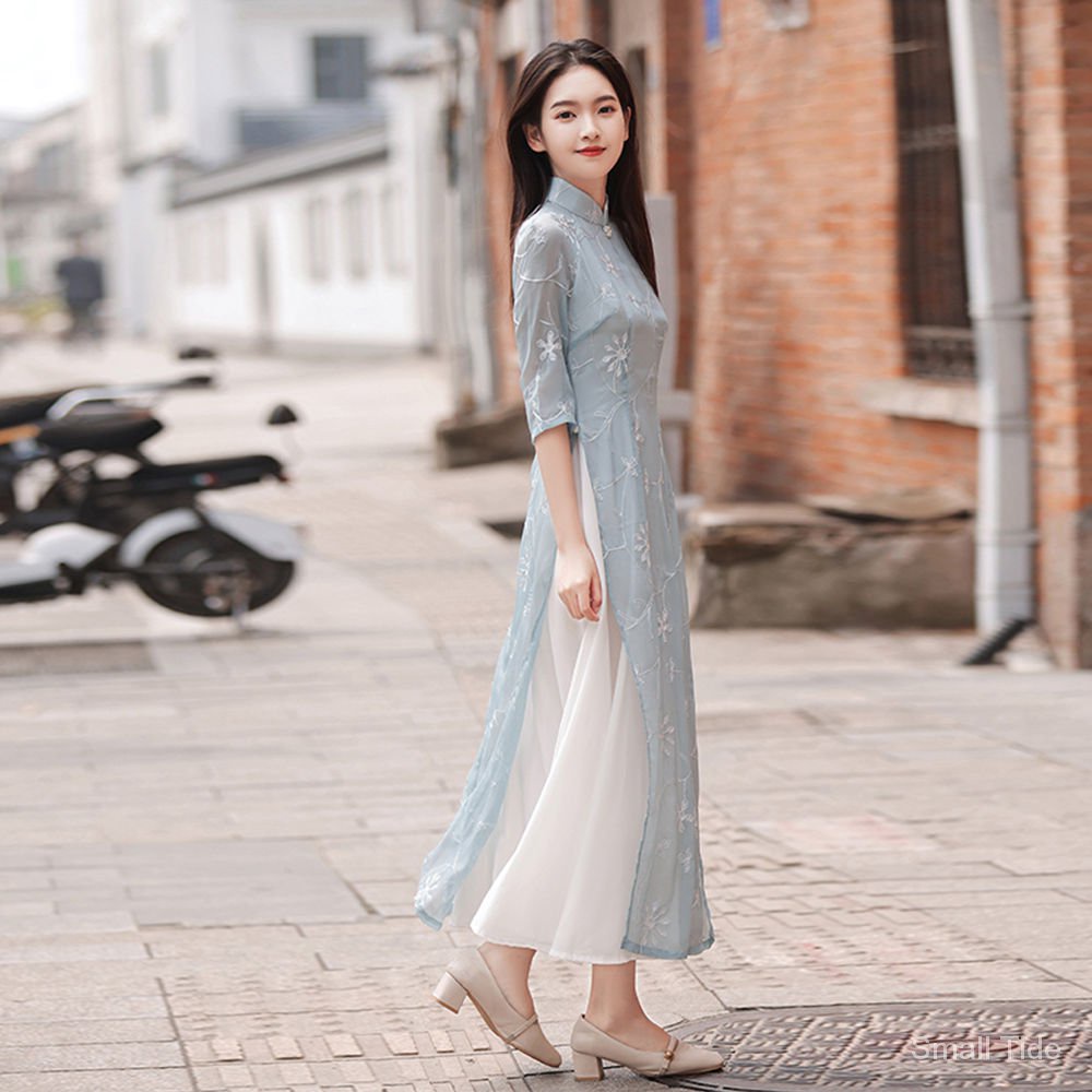Sườn xám cách tân dáng dài phong cách Trung Hoa cổ điển thanh lịch thời trang 2021Years mới