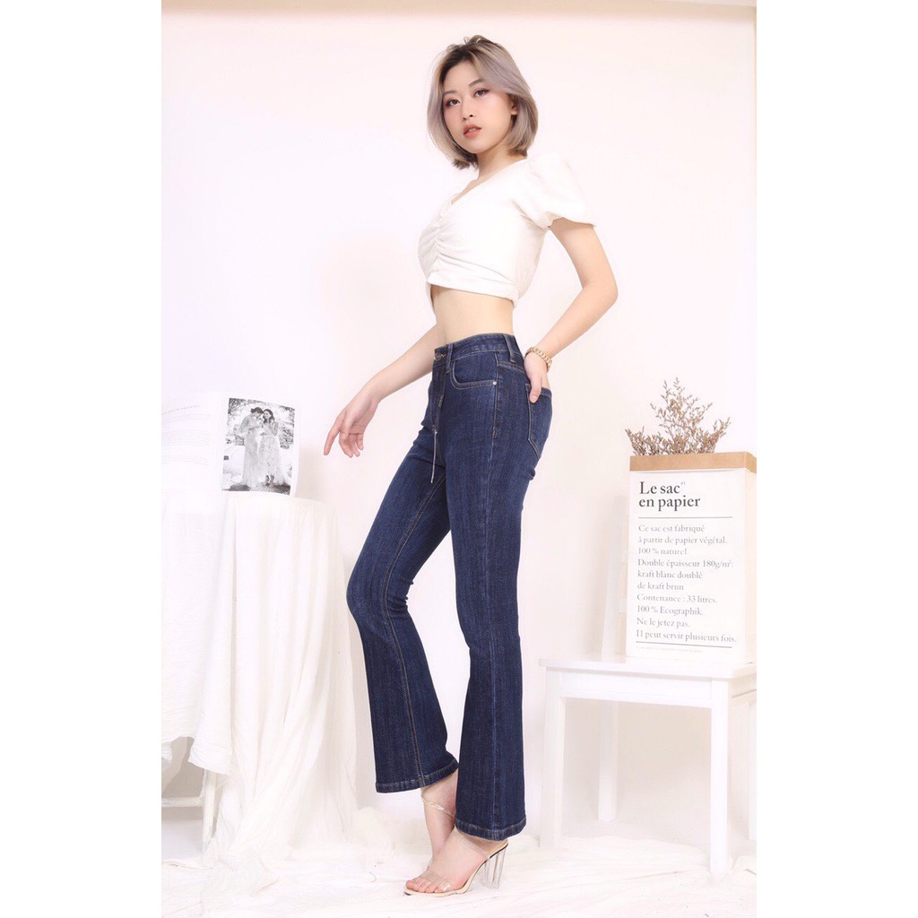 Quần Jean Nữ Ống Loe Gấu Thường Co Giãn Xanh Đậm/Nhạt
