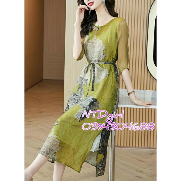 Hàng nhập - Đầm dáng suông lụa in hoa tay lỡ, váy xuông xẻ tà cách tân cổ tròn