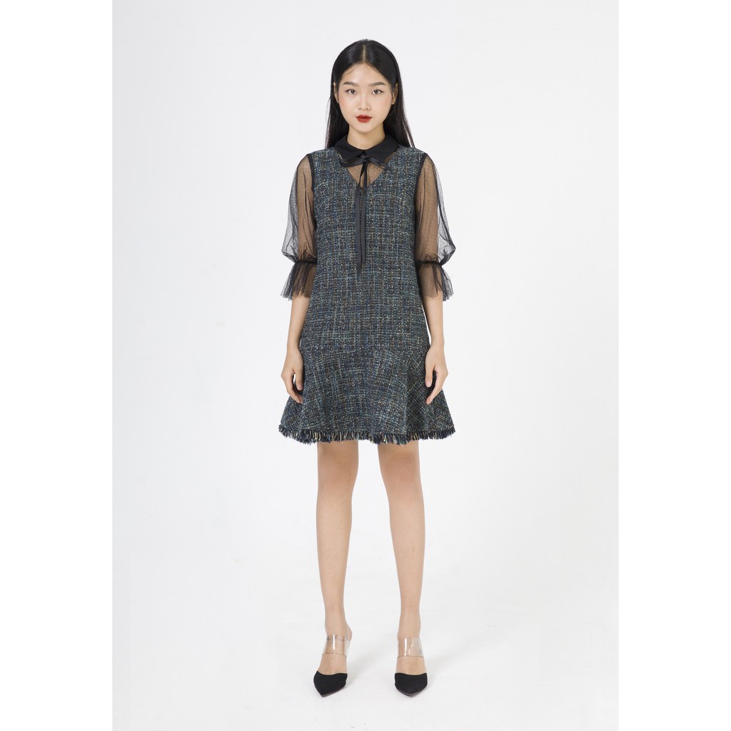 De Leah - Đầm Suông Tweed Pha Ren Lưới