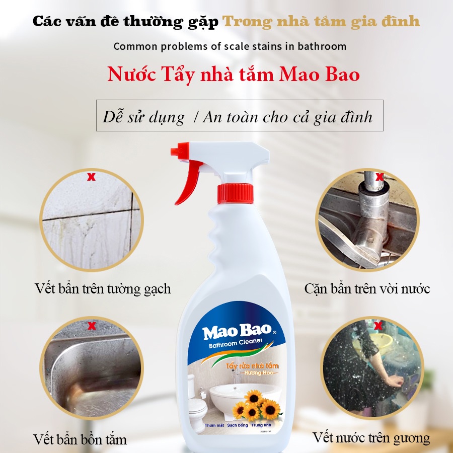 Nước Tẩy Rửa Nhà Tắm Mao Bao 600ml tẩy sạch vết bẩn, cặn canxi, ố vàng trên bồn sứ, kính, vật dụng inox