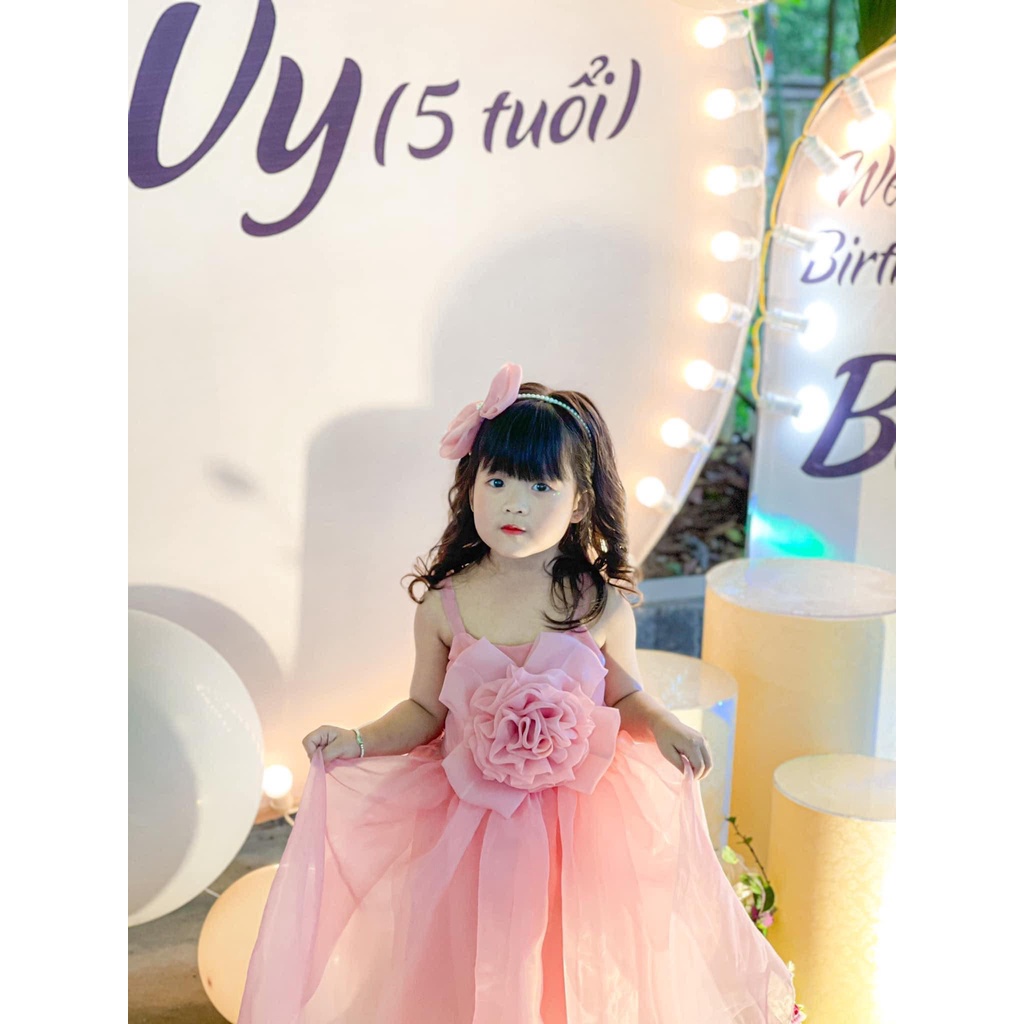 Váy Công Chúa Cho Bé Gái Thiết Kế Hoa Hồng Trước Ngực Nơ Lưng Cực Xinh, Đầm Công Chúa 2 Dây Hoa Nơ 4 Cánh Cao Cấp