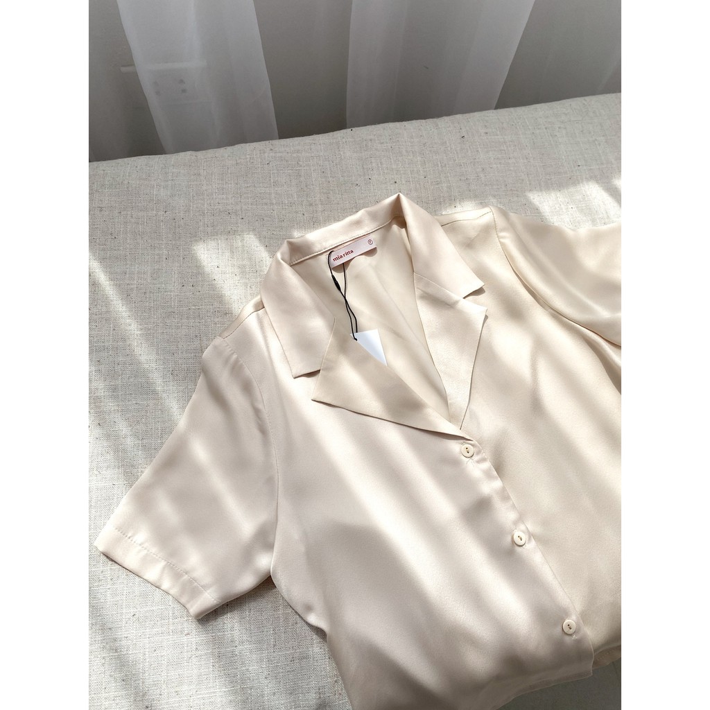 Áo sơ mi lụa khuy trước cổ vest pyjama dáng ngắn cộc tay Mia Ritta A2084 ảnh thật feedback
