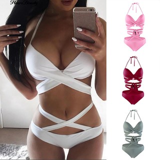 Set đồ bơi hai mảnh màu trơn, đan dây chéo quyến rũ và thời trang cho nữ