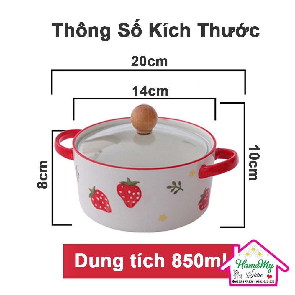 Nồi sứ  Bát Tô to gốm sứ đựng canh họa tiết dâu tây dễ thương nắp kính chịu nhiệt cao trong lò vi sóng gốm Bát Tràng