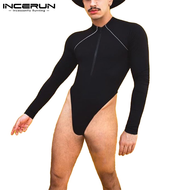 Áo liền quần INCERUN tay dài dáng ôm màu trơn khóa kéo quyến rũ thời trang mùa thu dành cho nam