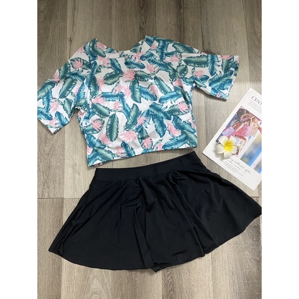Đồ bơi nữ big size kín đáo- Bikini đi biển tay ngắn áo croptop váy xoè- shopnabi