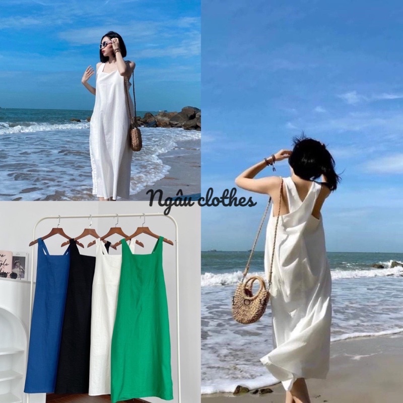 Đầm maxi đi biển dây chéo lưng chất đũi - Đầm suông hai dây- Đầm hai dây đi biển shop chụp cận chất
