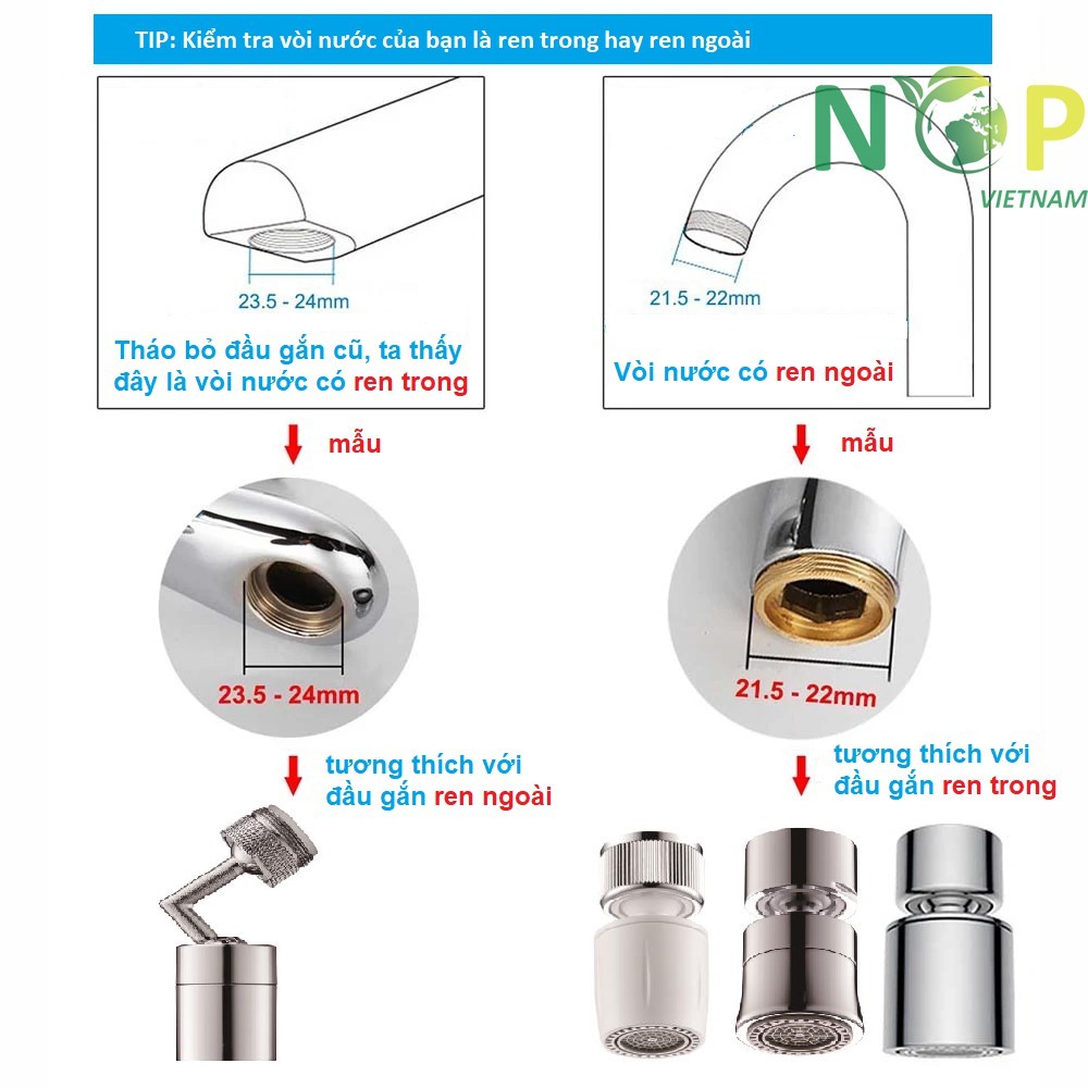 Đầu gắn vòi nước tiện ích, tăng áp Waternymph N23, xoay 360 độ, tiết kiệm nước