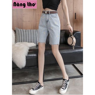 QUẦN SỌT JEAN NỮ KIỂU NGỐ THÊU HOA CÚC ỐNG RỘNG CHẤT BÒ XANH [ Nàng Thơ's Shop ]