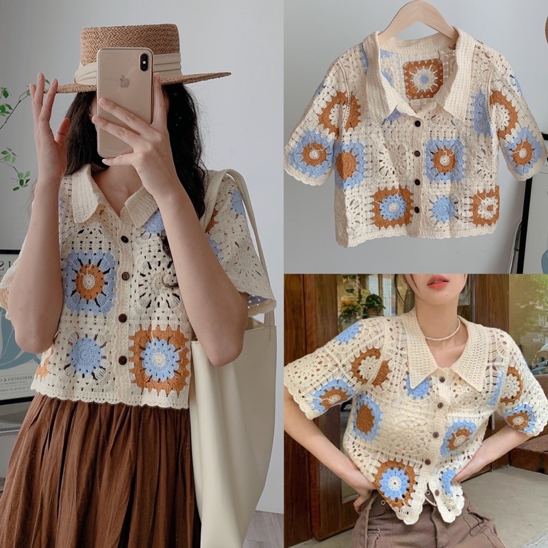 [Ảnh thật/Video]Áo len croptop AMA mhoa thêu xịn xò Áo mongto ghi dáng đẹp hàng Quảng Châu