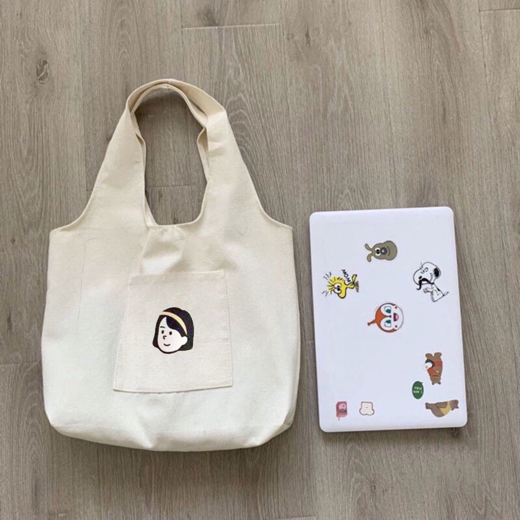 Túi tote HAZIN vải canvas ulzzang unisex họa tiết cô gái dễ thương túi vải đi học đi chơi