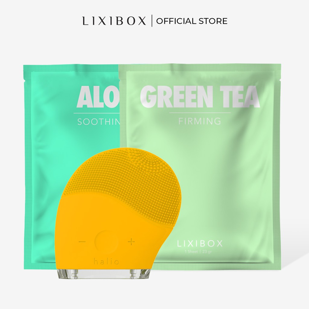 [Mã COSLXT5 giảm 10% đơn 600K] Combo Máy Rửa Mặt Và Mát Xa Da Mặt Halio, 2 Mặt nạ Lixibox - Aloe và Green Tea
