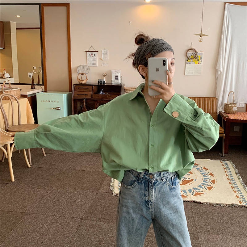 Áo Sơ Mi Tay Dài Dáng Rộng Phong Cách Retro Hàn Quốc Cho Nữ