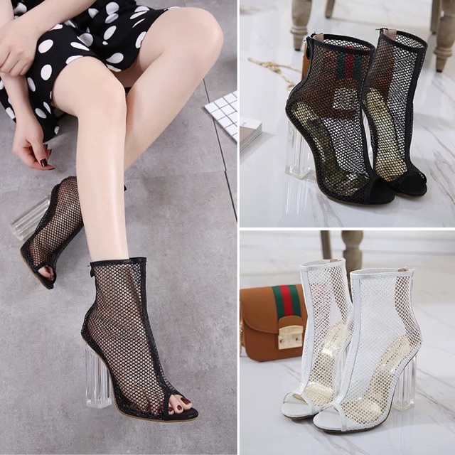 (Order) sz 34-40 Boots lưới hở mũi gót vuông trong suốt 11cm sang chảnh