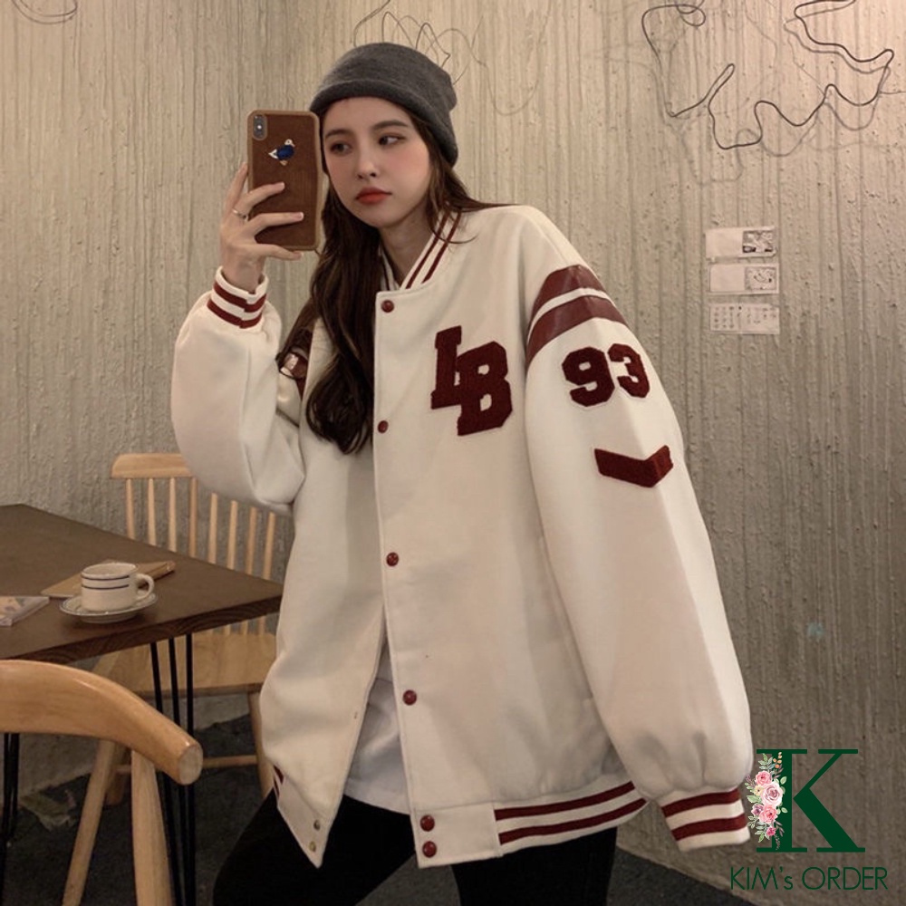 Áo khoác nỉ bóng chày bomber nam nữ unisex màu trắng cổ tròn dài tay cổ tròn có cúc phong cách Ulzzang Hàn Quốc