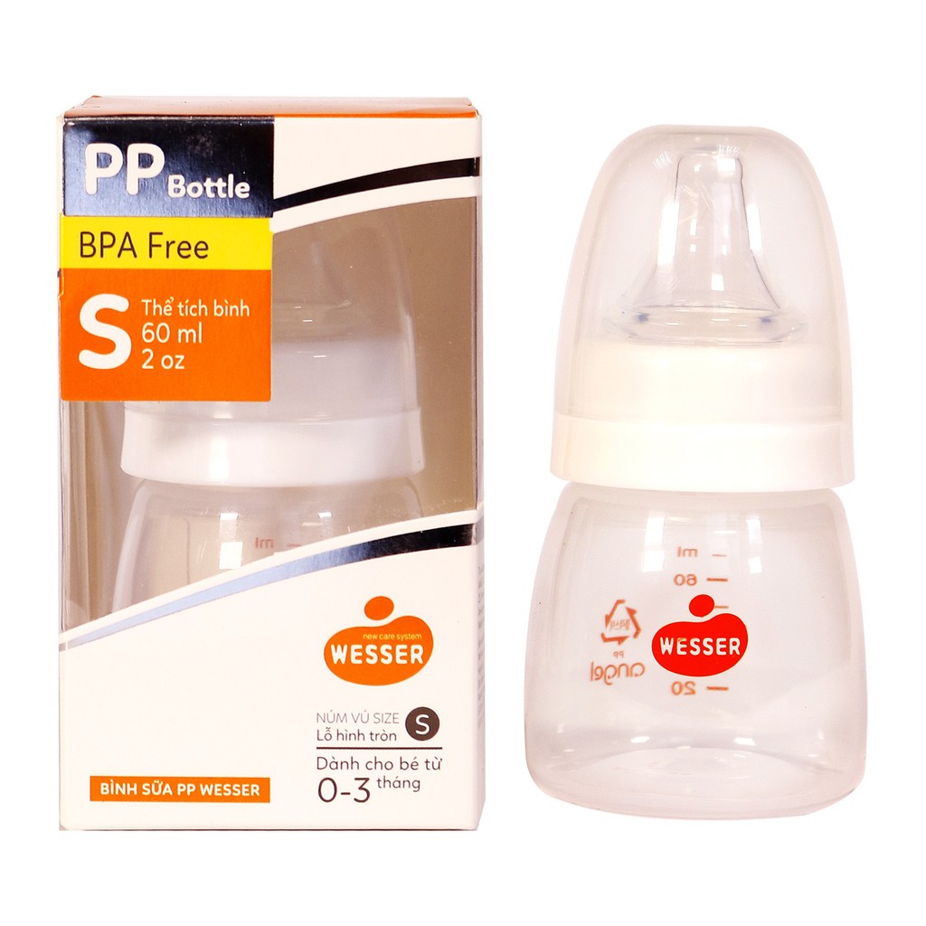 Bình Sữa Wesser PP Cổ Hẹp 60ml/140ml/250ml, Cổ Rộng 180ml/260ml (Mẫu mới, Chính Hãng)