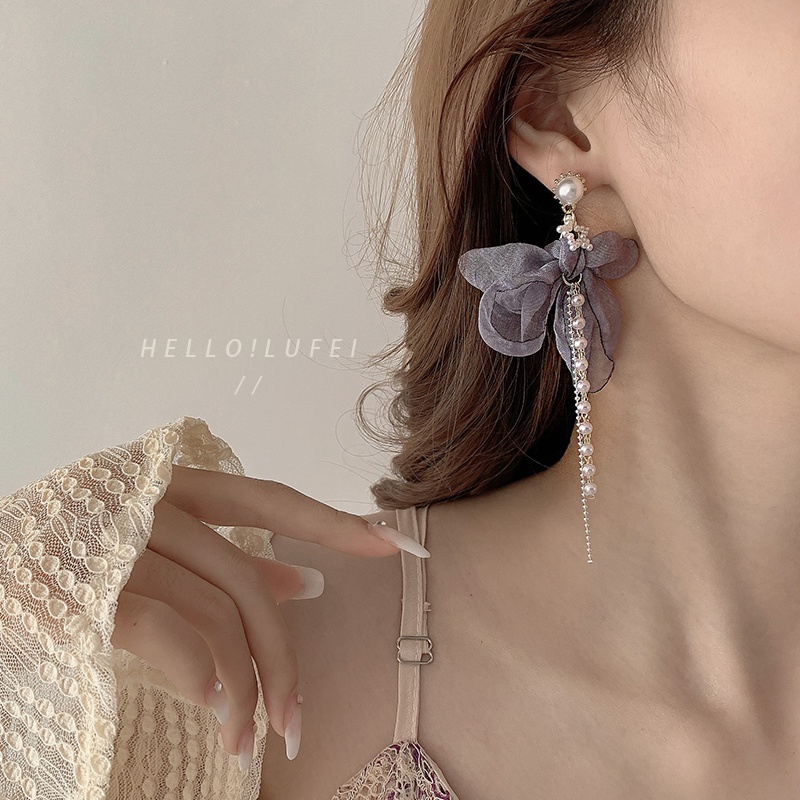 Bông Tai Phối Nơ Lưới Đính Ngọc Trai Thời Trang Hàn Quốc 2023 Cho Nữ