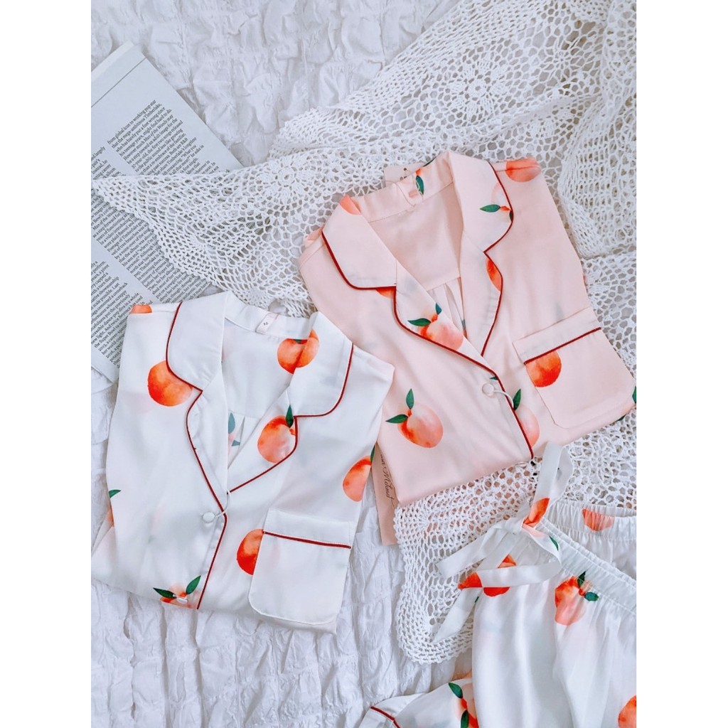 Bộ đồ ngủ mặc nhà lụa satin cao cấp chất mát hoạ tiết trái cây 4 màu mùa hè 2021