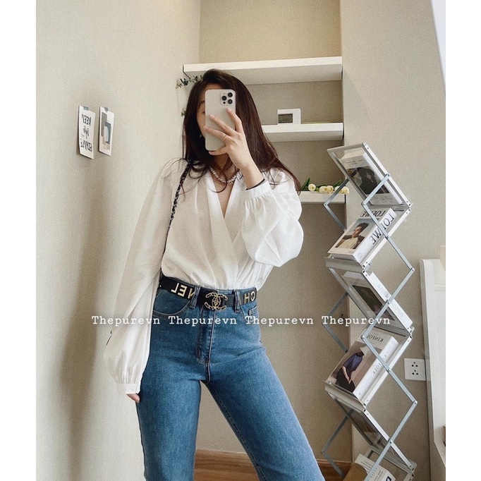 ANU766 - ÁO SƠ MI NỮ LỤA TẰM CỔ V LI VAI DÀI TAY