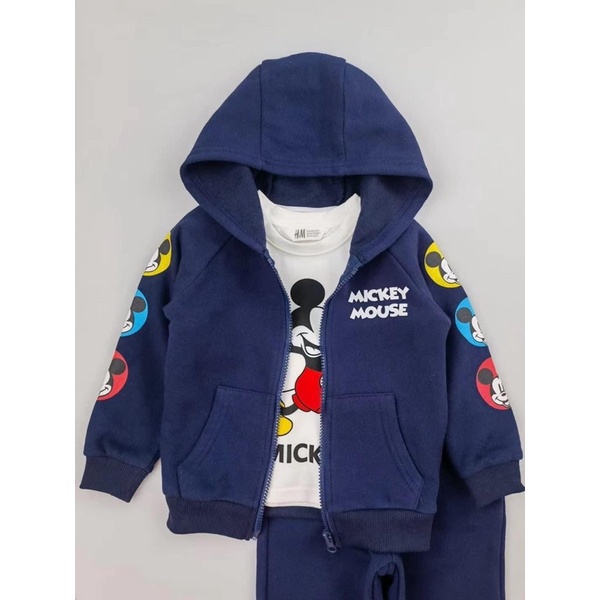 Set bộ micky 3 chi tiết gồm bộ nỉ xanh than kéo khoá mix thun trắng
