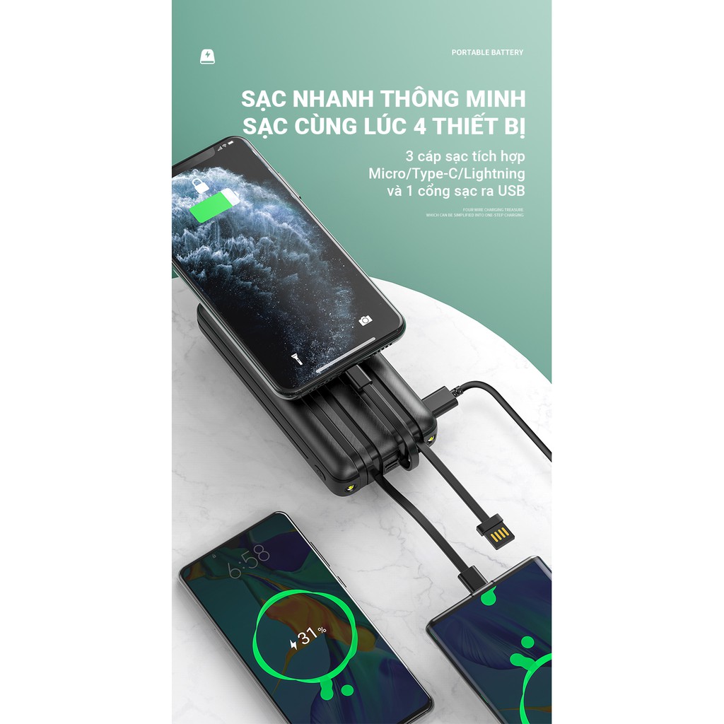 Pin sạc dự phòng Cát Thái KJ-A123 25000mAh có sẵn 4 cáp sạc rất tiện lợi, sạc nhanh thông minh 2.1A, 4 cổng sạc ra