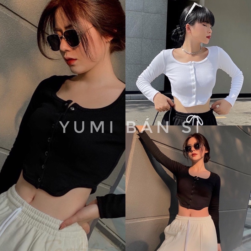 Áo Croptop nữ Body dài tay Thun Gân YUMI BÁN SỈ Áo croptop Nút Bấm Vạt Nhọn Hot Trendy