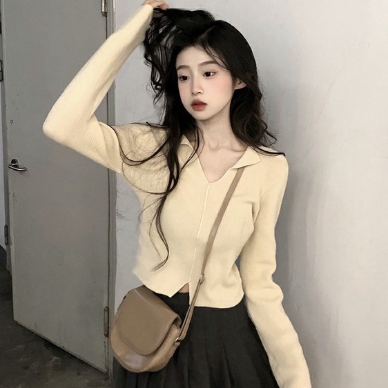 Áo sweater ZHELIHANGFEI dài tay cổ chữ V xinh xắn dành cho nữ