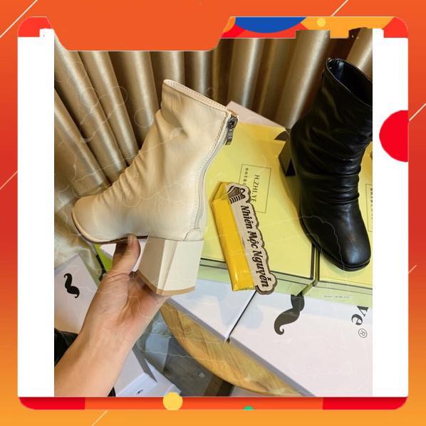 Xả Kho Cuối Năm Bốt cao cổ, Boot nữ nhăn da lì khóa sau đế trụ 5 phân bên trong lót nỉ hàng Quảng Châu cao cấp B082