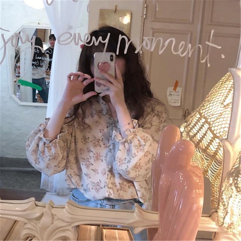 Áo Sơ Mi Chiffon Tay Dài Ống Loe In Họa Tiết Hoa Ngọt Ngào Thời Trang Mùa Thu Hàn Quốc Cho Nữ