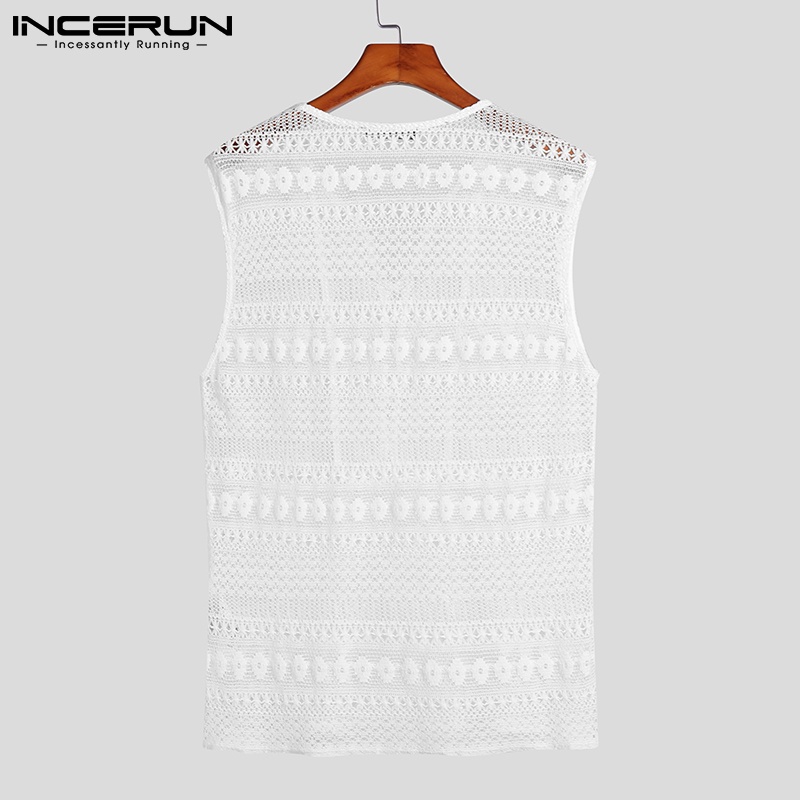 Áo INCERUN không tay cổ chữ v màu trắng xuyên thấu thoáng khí có dây buộc cho nam