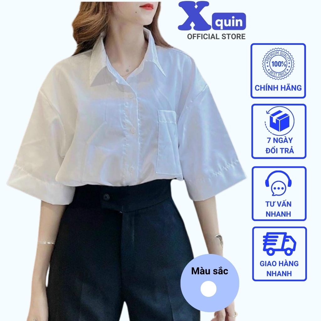 Áo sơ mi học sinh tay lỡ form rộng Xquin, Áo sơ mi cổ trụ phối túi đi học cực xinh