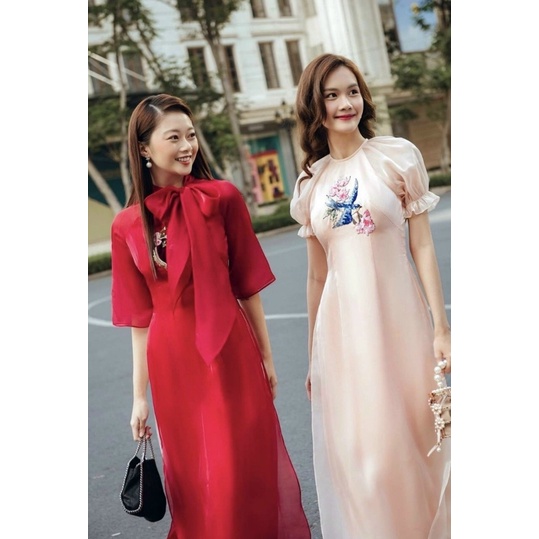 Áo dài cách tân tơ óng hồng kết chim tay nhún điệu đà áo dài đi tiệc cưới chụp ảnh trẻ trung mẫu mới tết 2022