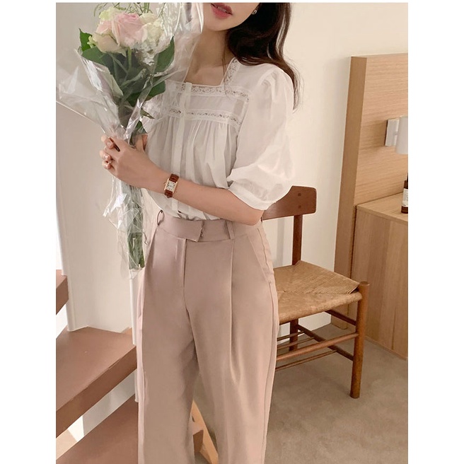 Áo Sơ Mi Trơn Ngắn Tay Phối Ren Xinh Xắn 48836