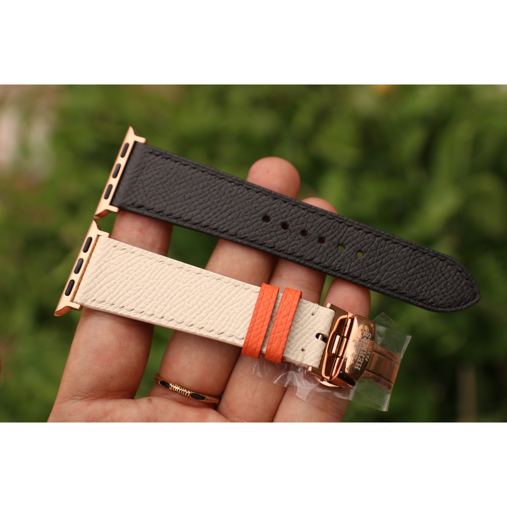 Dây da đồng hồ Apple watch, chất liệu da Epsom Pháp - Trắng đen cam - Khâu tay thủ công - Bảo hành 12 tháng