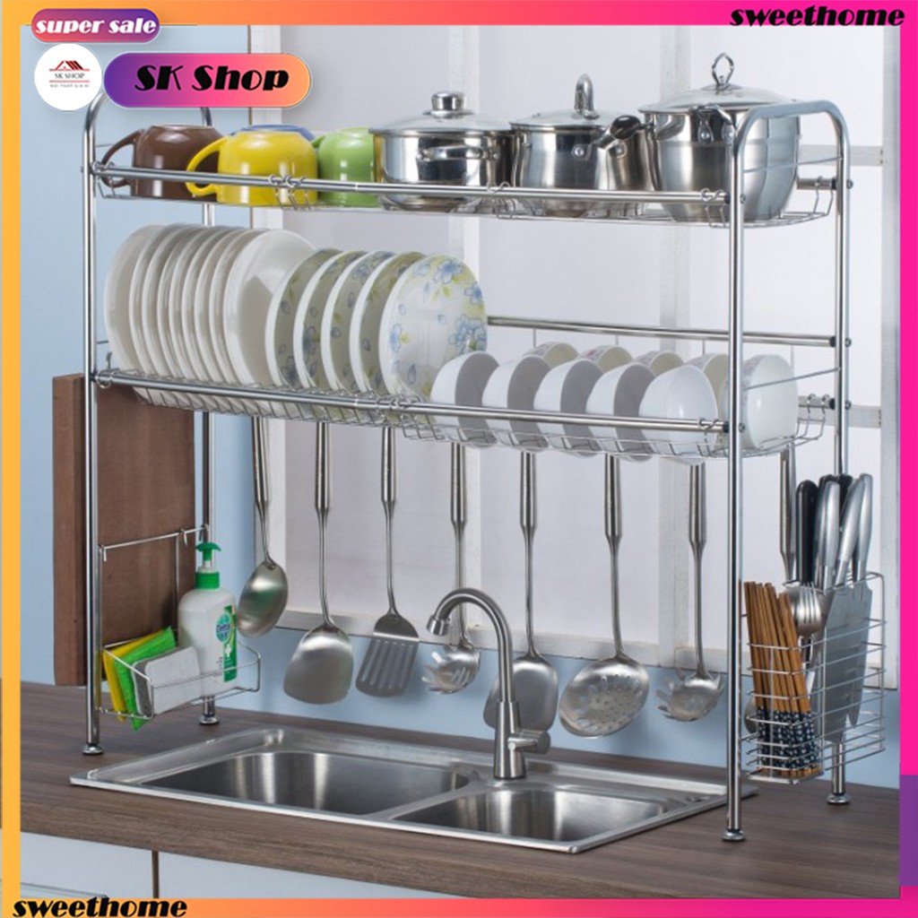 Kệ Nhà Bếp Đa Năng Để Chậu Rửa Giá Dắt Dao Thớt Để Chén Bát Có Móc Treo Đồ Inox