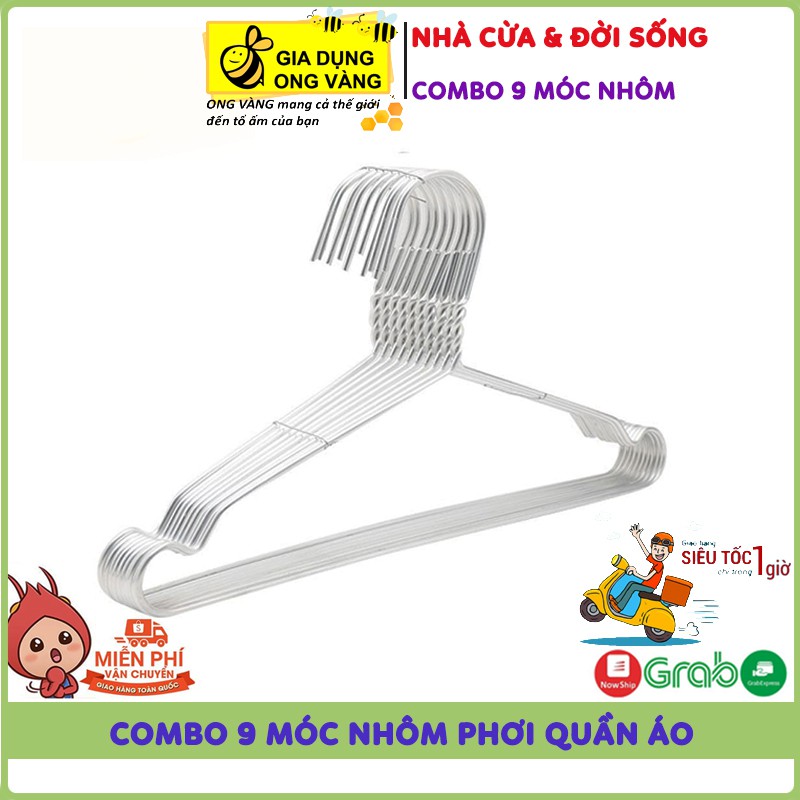 Combo 9 Móc Nhôm Phơi Quần Áo Chất Liệu Cao Cấp, Móc Treo Quần Áo Gia Đình Loại 1