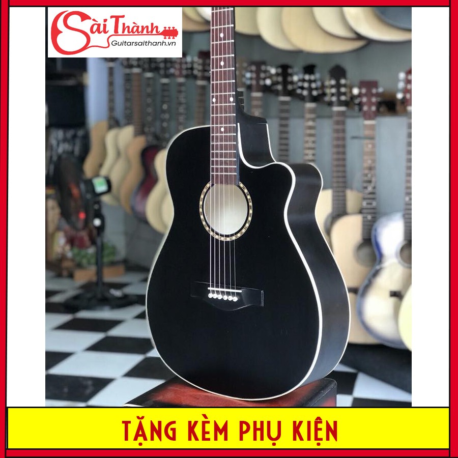 Đàn guitar acoustic màu đen có ty chống cong cần STDTY85