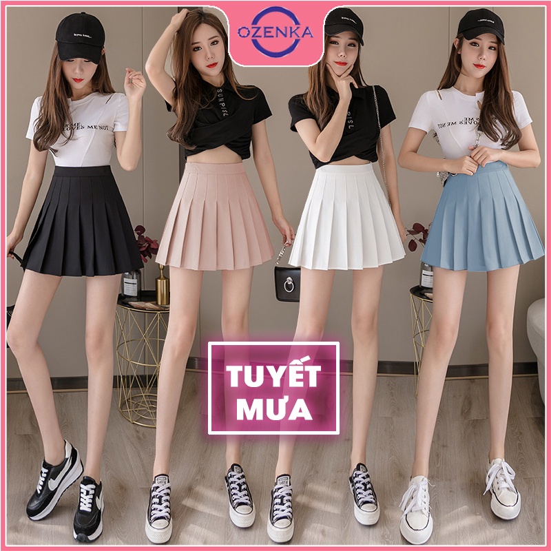 Chân váy ngắn xếp ly tennis OZENKA , chân váy cạp cao kèm quần trong tuyết mưa đen ghi be mặc đi học đi chơi đi làm