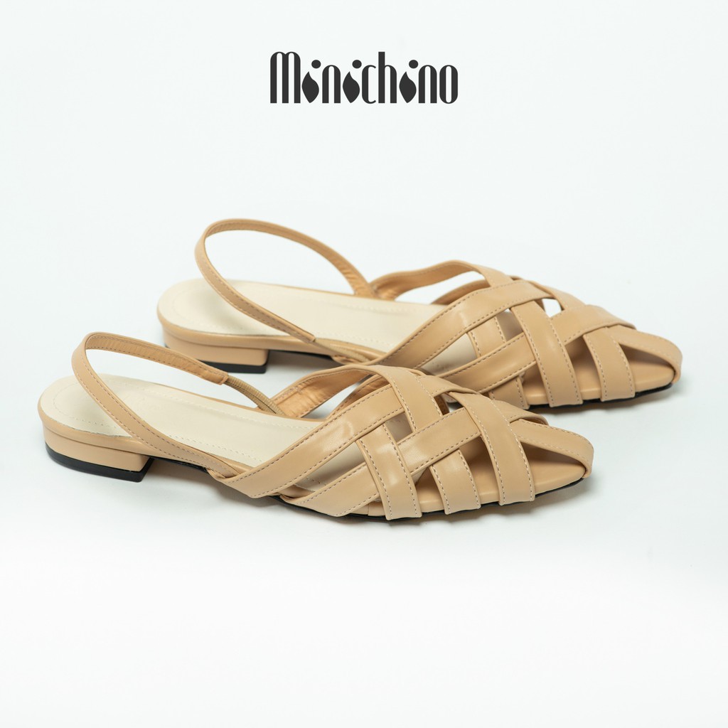 Giày sandal nữ gót cao 1,5cm MINICHINO giày búp bê nữ dáng slingback da mờ mũi nhọn hở gót phối dây màu xanh TC039