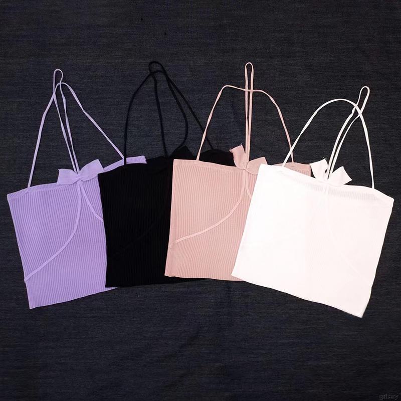 Áo Croptop Sát Nách Dệt Kim Phối Nơ Phong Cách Hàn Quốc