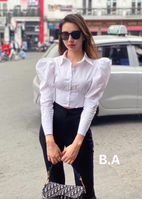 Gv áo sơ mi croptop tay phồng chất lụa mịn