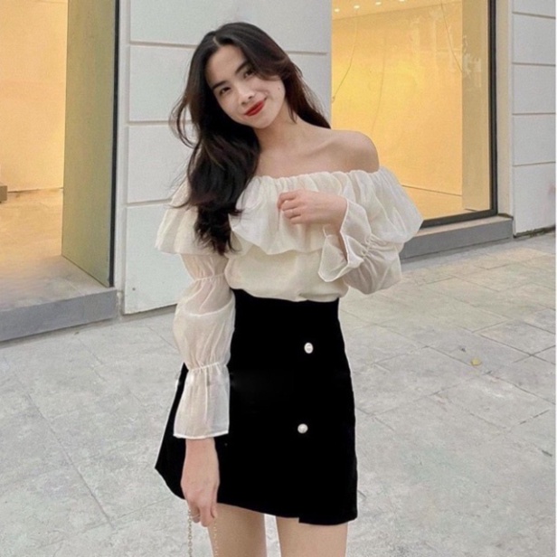 Áo sơ mi trễ vai công sở phong cách hàn quốc_001 ulzzang babydoll bánh bèo nội y xanh