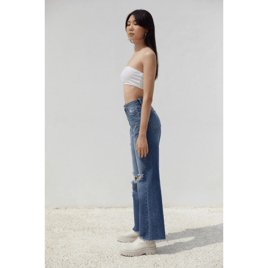 TheBlueTshirt - Quần Jeans Nữ Ống Rộng Rách Gối Màu Đậm - Cheeky Chic Wide Leg Jeans - Dark Blue Wash