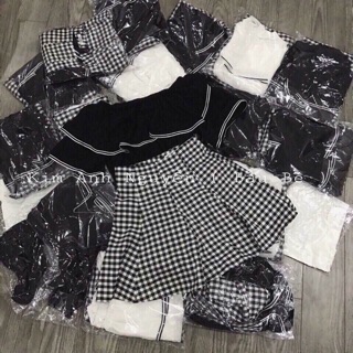 Set áo trễ vai chân váy caro