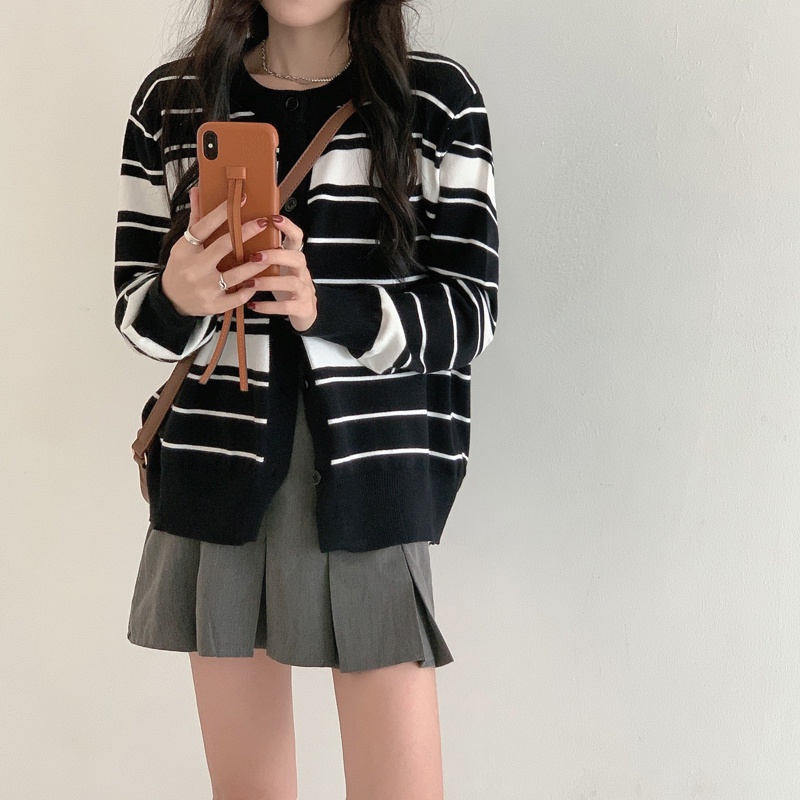 Áo khoác cardigan ZHELIHANGFEI dệt kim tay dài ôm dáng vừa vặn họa tiết kẻ sọc trẻ trung thời trang