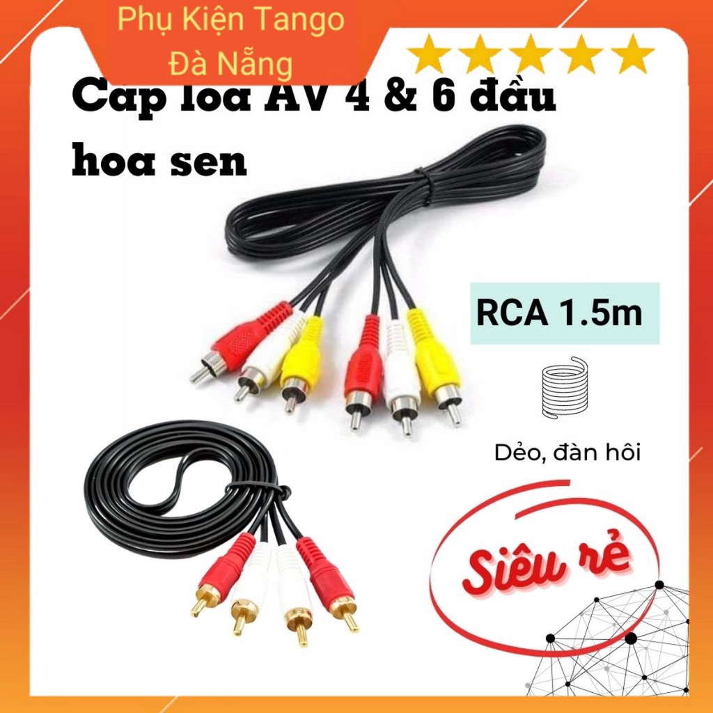 Cáp loa AV 6 đầu hoa sen (3 ra 3)_Cáp AV 4 đầu hoa sen (2 ra 2)_Cáp RCA 1.5m