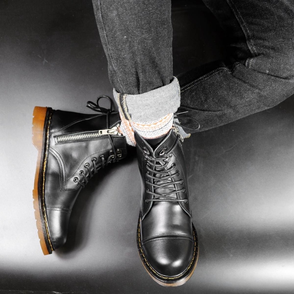 Giày Da Nam Combat Boots 058 Zip Lucas Shoes, Giày Chiến Binh Cao Cổ, Da Bò Đen, Đế Kếp Có Khâu Đế - BH 1 Năm