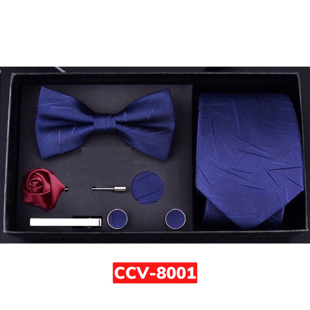 Combo 6 món Cavat 8cm, Nơ cài áo, Khăn cài túi áo, Kẹp cavat, măng-set, trâm cài áo, Cà vạt chú rể, Calavat Công sở