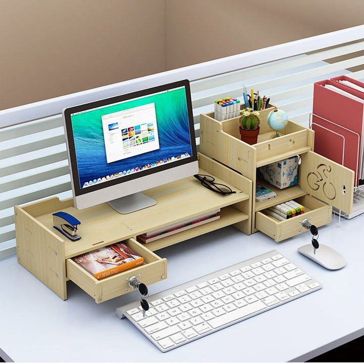 Combo Giá Kệ máy tính và tài liệu văn phòng để bàn làm việc bằng gỗ kèm ngăn kéo có khóa Giá Kệ sách gỗ lắp ghép bàn học | BigBuy360 - bigbuy360.vn